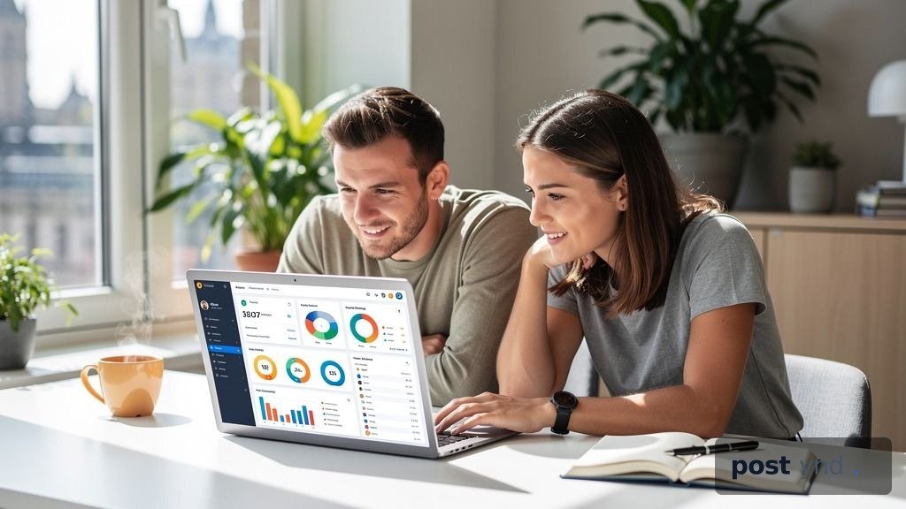 Small SaaS team reviewing analytics dashboards together in a bright modern UK office with natural light