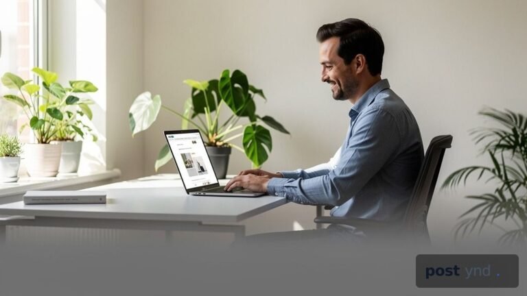 A UK business owner looking confidently at their laptop, which displays a professional website generated with non-generic AI content.