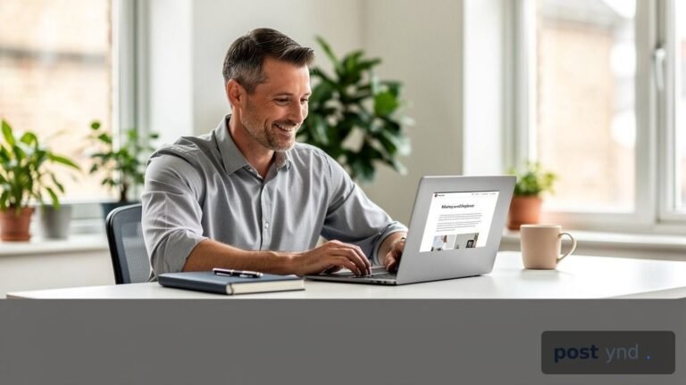 UK business owner at their desk, reviewing their professional website content generated by a content knowledge base.
