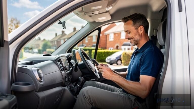 A service business owner in his van, smiling as he reviews his UK service business content on a tablet.